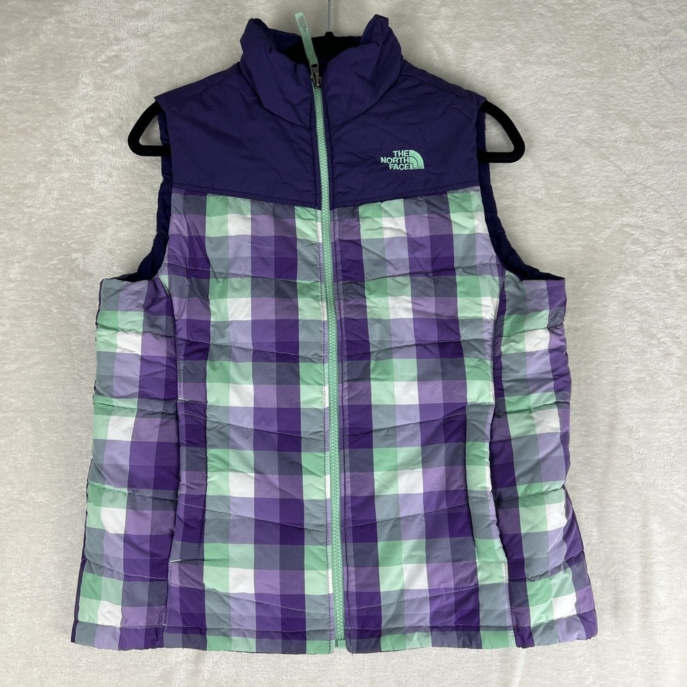 The North Face Reversible Purple Puffer Vest size Girl XL (18) Plaid Mint Green